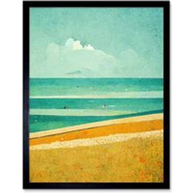 Wall Art Print Calm Sandy Beach Summer Scene In Ochre And Teal Minimalist Art Framed - Black - W12 inch x H16 inch