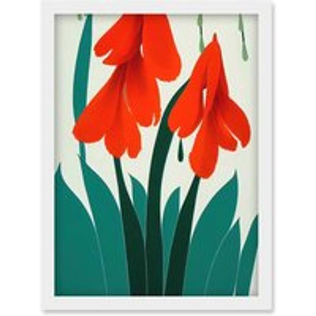 Modern Abstract Crimson Red Bloom Wild Flowers Teal Leaves on White Artwork Framed Wall Art Print A4 - One Size