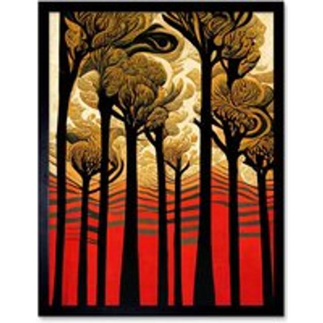 Wall Art Print Gold Forest Trees At Sunset Modern Painting Art Framed - Black - W12 inch x H16 inch