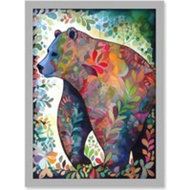 Grizzly Bear With Botanical Patterns Folk Art Watercolour Painting Artwork Framed Wall Art Print A4 - Grey - One Size