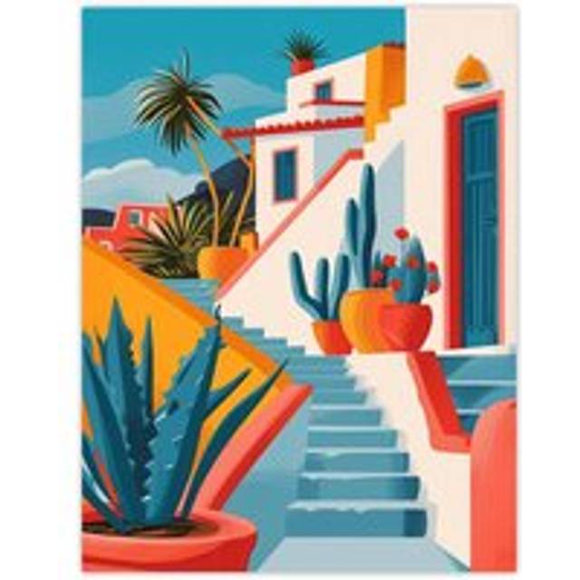 Wall Art Print Mexican Village Cactus Colourful Hispanic Latino Poster - Multi - W12 inch x H16 inch
