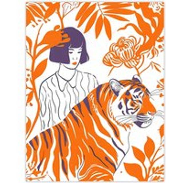 Wall Art Print Tiger Lady Jungle Flowers Orange Simple Bright Poster - W12 inch x H16 inch