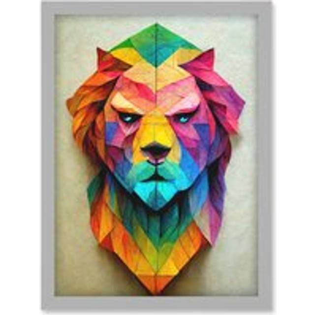 Vibrant Geometric Lion Head Decoupage Artwork Framed Wall Art Print A4 - Grey - One Size