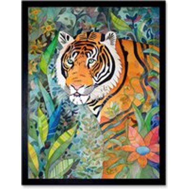 Wall Art Print Jungle Tiger Flowers Leaves Folk Art Framed - Black - W12 inch x H16 inch