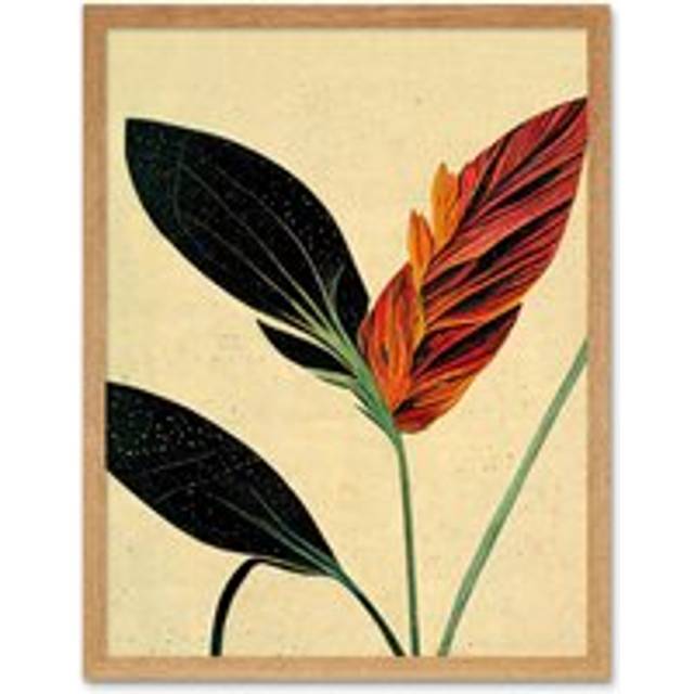 Wall Art Print Minimalist Tropical Flower Bloom Black Ochre Botanical Art Framed - W12 inch x H16 inch - Tan