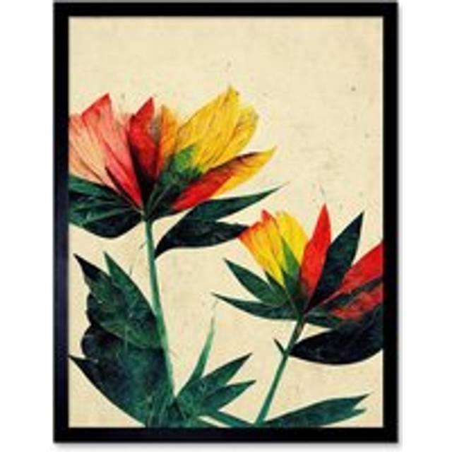 Wall Art Print Simple Abstract Floral Painting Red Yellow Green Art Framed - Black - W12 inch x H16 inch