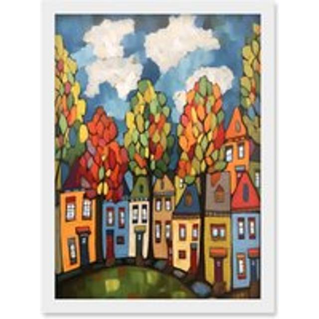 Multicoloured Row Of Houses With Autumn Trees Contemporary Folk Art Painting Artwork Framed Wall Art Print A4 - White - One Size