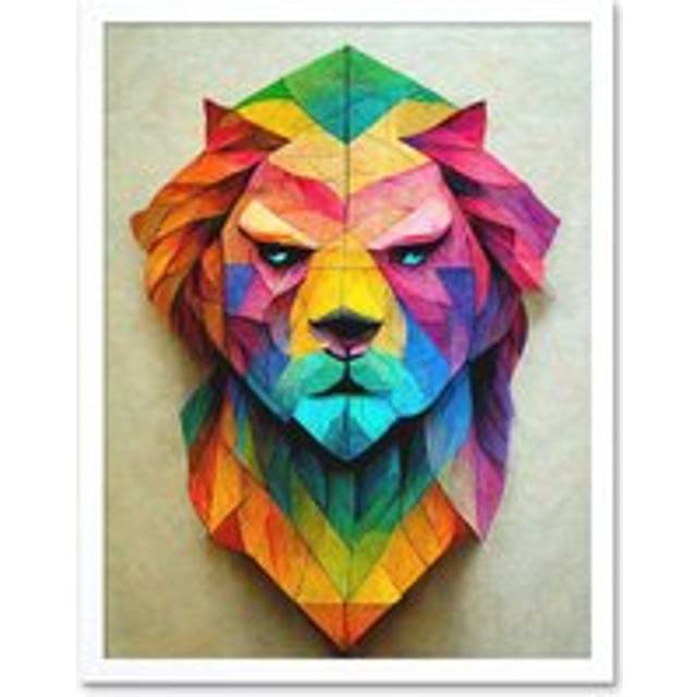 Wall Art Print Vibrant Geometric Lion Head Decoupage Art Framed - White - W12 inch x H16 inch