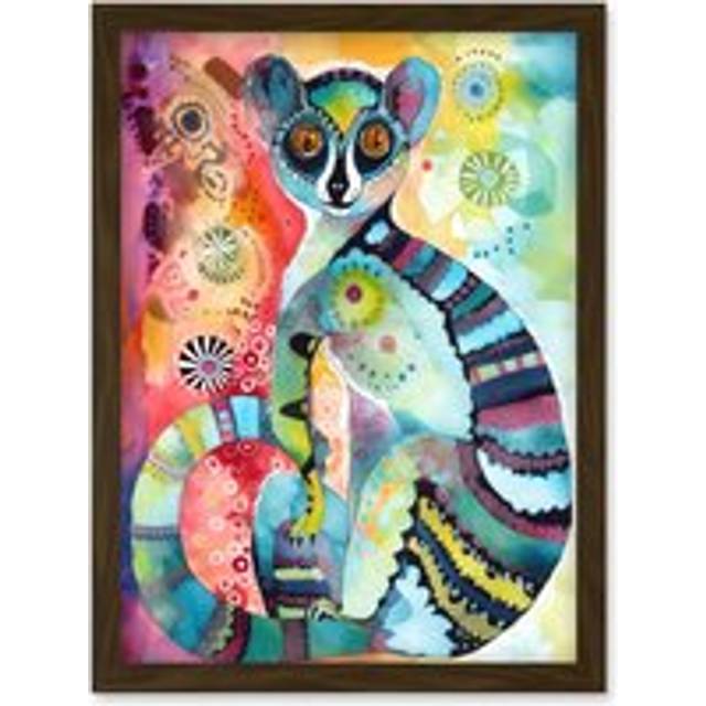 Striped Ring-Tailed Lemur Multicoloured Folk Art Watercolour Painting Artwork Framed Wall Art Print A4 - Brown - One Size