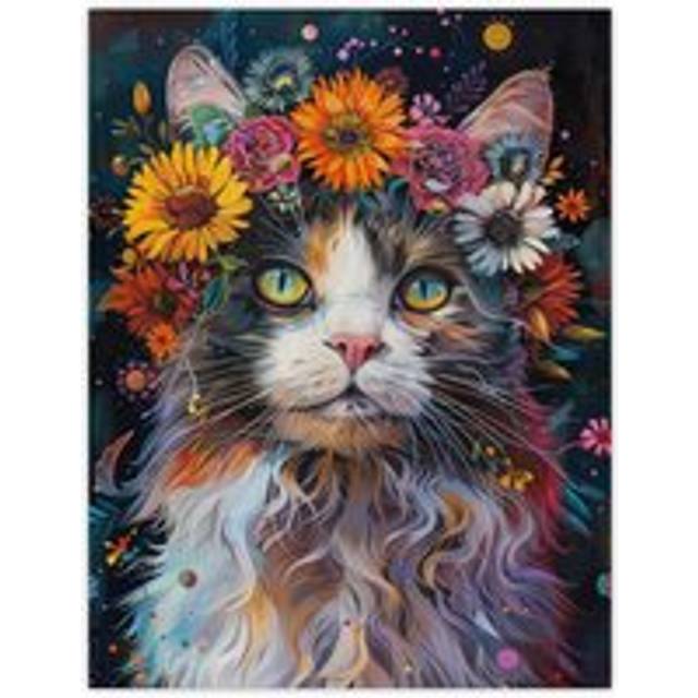 Wall Art Print Mystic Psychedelic Hippy Cat Flower Crown Abstract Poster - Multi - W24 inch x H32 inch