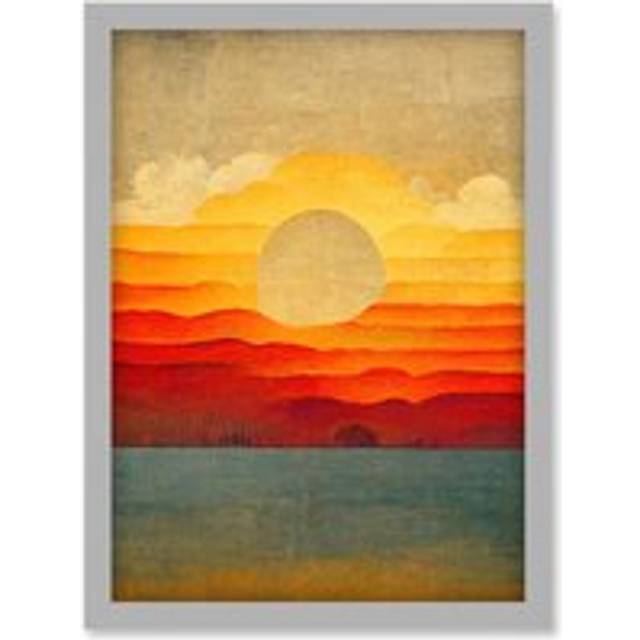 Modern Abstract Sunset Seascape Painting Artwork Framed Wall Art Print A4 - Grey - One Size