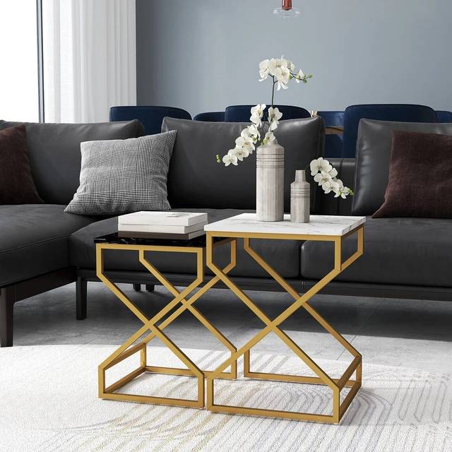 HOMCOM Nest Of Tables, Coffee Table Set with Steel Frame Black/White - MULTI