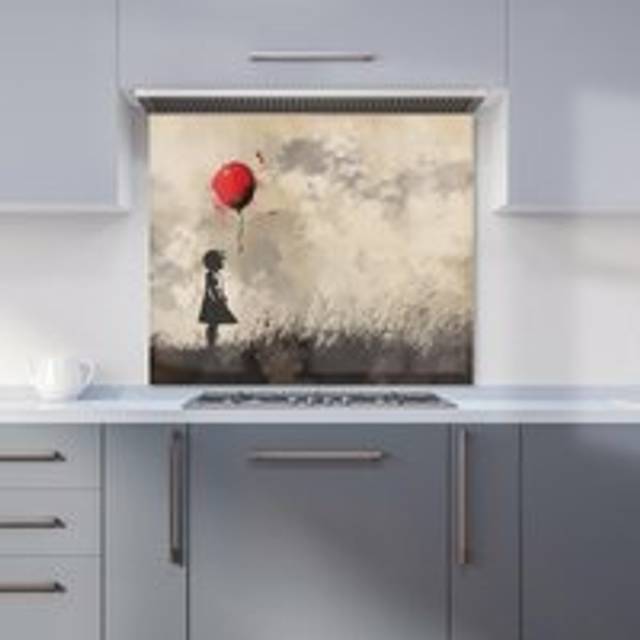 Warren Reed Designer Dreamy Banksy Inspired Girl With Red Balloon Glass Kitchen Splashback 65 x 90cm - Warren Reed - Designer - Multi - 65 x 90 x 0.6cm