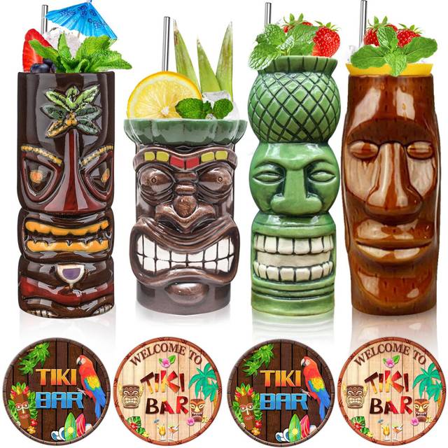 Tiki Mugs Set of 4 - Ceramic Hawaiian Party Mugs Drinkware  Tiki Bar M