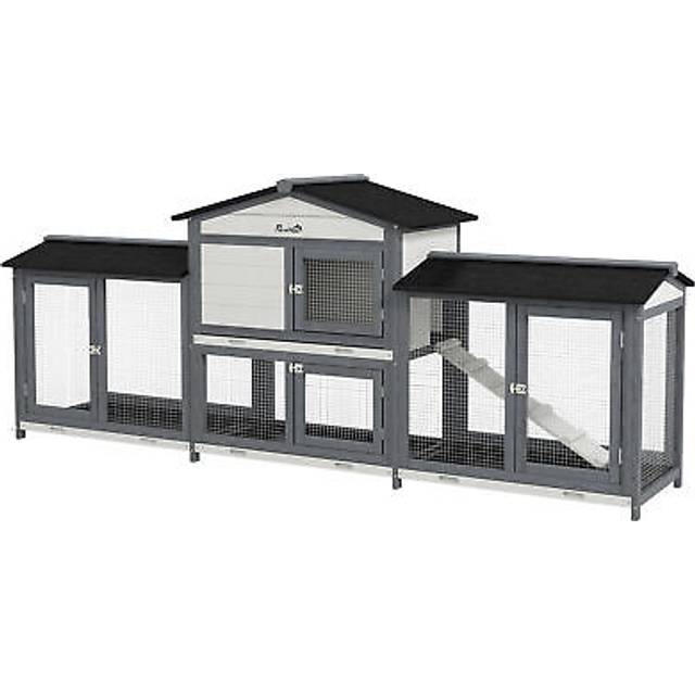Pawhut rabbit hutch, 2-tier guinea pig hutch, w/ two runs, pull-out tray