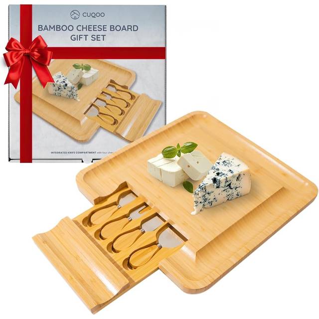 Cuqoo cheese board set with drawer - wood serving tray & 4 knives - gift set