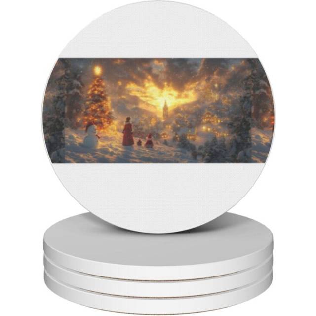 (Twilight Christmas Village=4602) Ceramic Coasters Set of 4 Xmas for Drink Wine Beer Bar with Cork Base Housewarming Birthday Christmas Gift