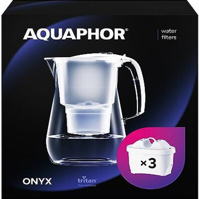AQUAPHOR Vattenfilter Onyx Wit inklusive 3 MAXFOR+ Filter I Vattenfilter med glasoptik för 4,2 liter I Karaff I Minskar kalk och klor I Perfekt för familjen I Premiumkvalitet I Stilig behållare