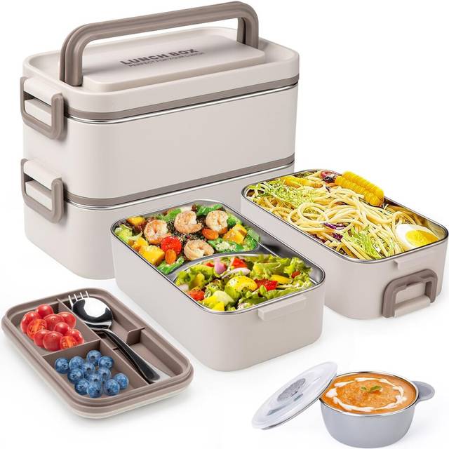 Stackable 2 Layer 304 Stainless Steel Lunch Container, 2L Large Capacity Portable Lunch Box Containers with Soup Bowl Spoon and Fork