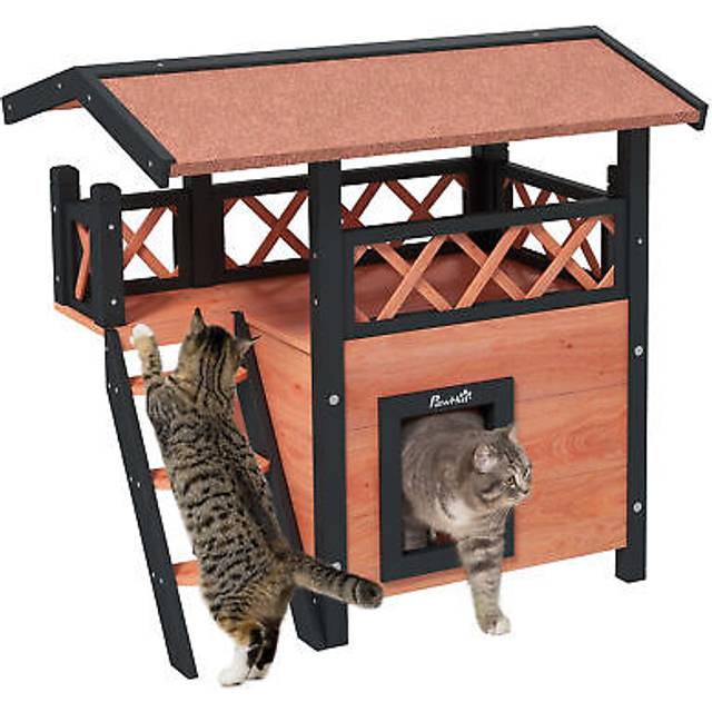 Pawhut Outdoor Cat House W/ Balcony Stairs Roof, Brown