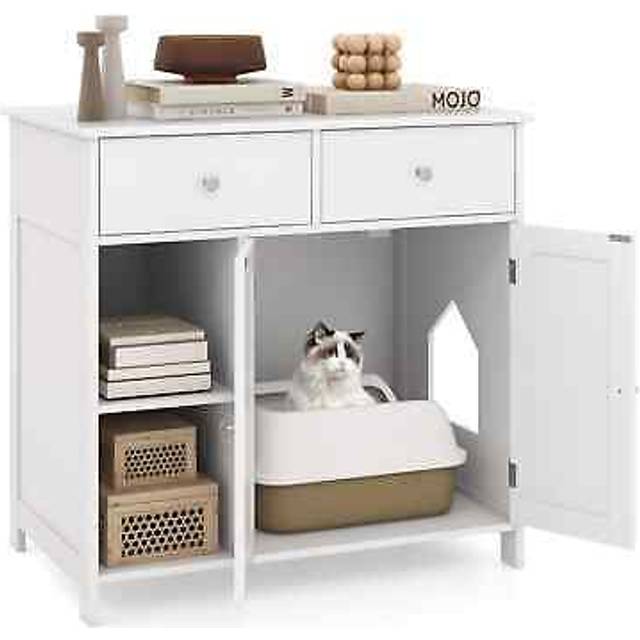 COSTWAY Cat Litter Box Enclosure Hidden Cat Washroom Side Cabinet w/ 2 Drawers