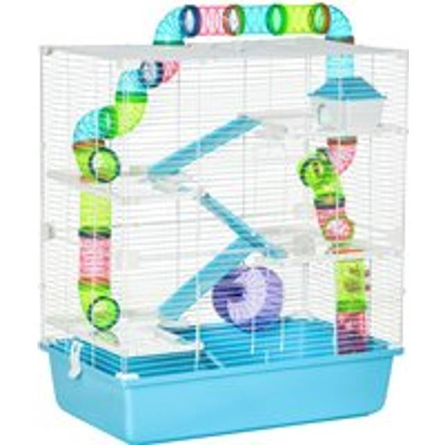 PawHut Hamster Cage w/ Water Bottle, Exercise Wheel, Tubes, Ramps - Light Blue