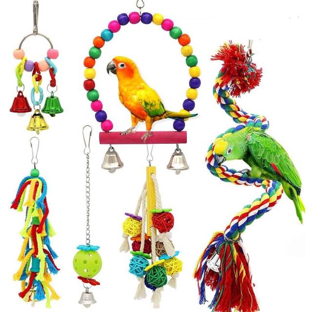 Small Bird Swing Toys 6 Pcs Parrots Chewing Natural Wood And Rope Bungee Bird Toy