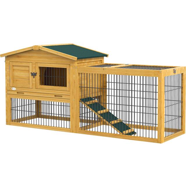 PawHut Yellow Wooden 2 Tier Rabbit Hutch with Ladder - 58 x 84 x 33cm