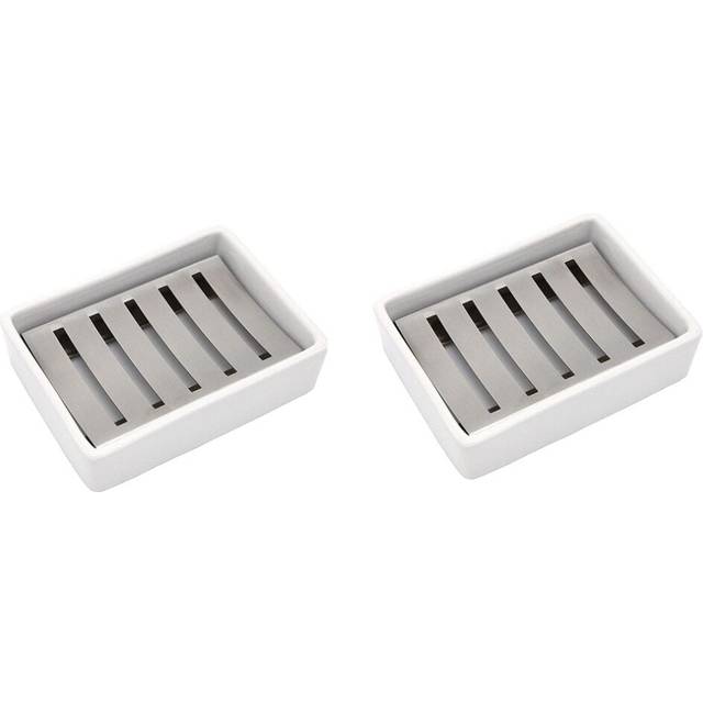 2X Ceramic Soap Dish Stainless Steel Holder for Bathroom and Shower Double Layer Draining Box