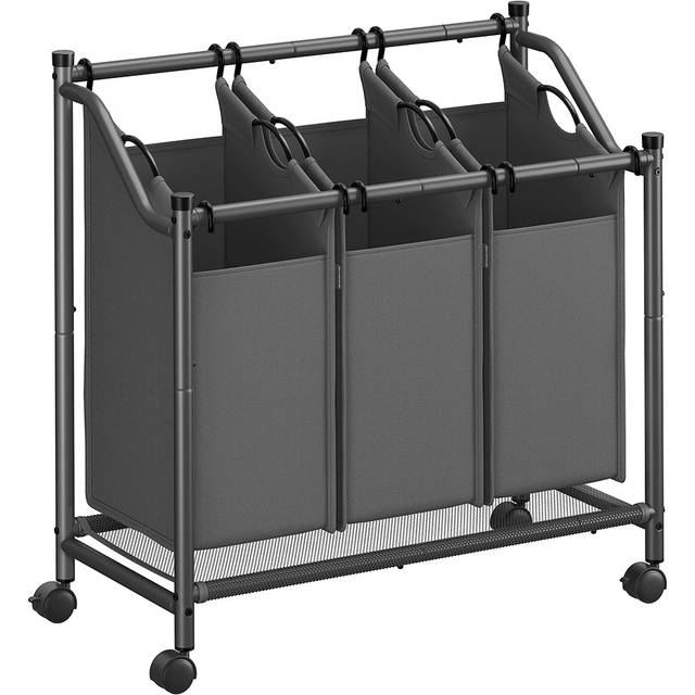 Songmics Tvättkorg med hjul, tvättkorg med 3 avtagbara tvättpåsar, tvättvagn, för tvättstuga sovrum badrum, 3 x 45 L, skiffergrå RLS102G01