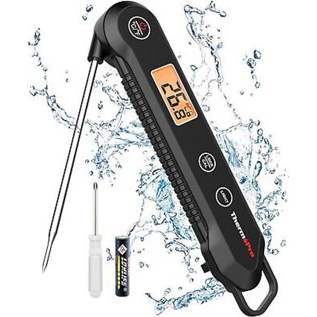 ThermoPro TP03H köttermometer med vikbar mattemperatursond, IPX6-vattentät mattermometer med kalibrerings- & låsfunktion, bakgrundsbelysning, LCD-skärm, termometer för olja, godis, mjölk, sylt (svart)