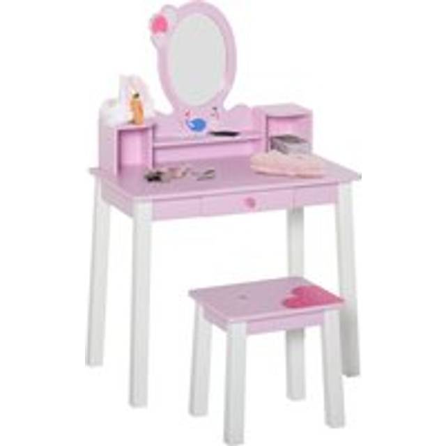 Homcom 2 Pcs Kids Wooden Dressing Table And Stool Girls Vanity Table Makeup Table Set With Mirror Drawers Role Play For Toddlers 3 Year+, Pink White