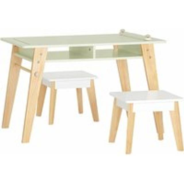 Children Table and 2 Stools Set,Art Table with Storage Shelves and Paper Roll Holder,KMB92-GR - Sobuy