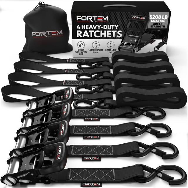 Ratchet Tie Down Straps, 2362kg Break Strength, (4) 3.04 Meter Heavy Duty Straps, (4) Soft Loops, Rubber Coated Metal Handles, Plastic Coated Metal