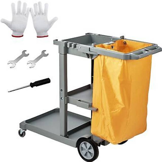 VEVOR städvagn, kommersiell vaktvagn med 3 hyllor, 200 lbs kapacitet hushållsvagn i plast, med 25 gallon PVC-påse, 47" x 20" x 38,6", gul+grå