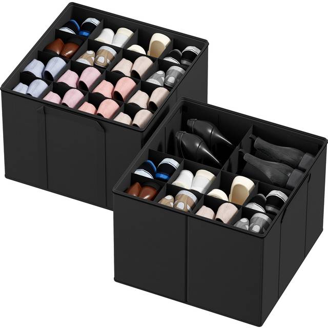 SpaceAid Shoe Organizer for Closet  2 Pack Foldable Shoe Storage Containers Baskets Boxes Bins w/Adjustable Dividers  Fits 16-32 Pairs  Black