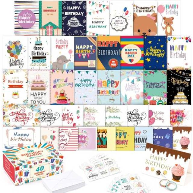 40 Happy Birthday Cards Pack, 40 Designs Feela Birthday Cards Multipack and 40 Blank Envelopesï¼48 Pieces of Stickers 2 Washi Tapes, 4 X 6 Inches