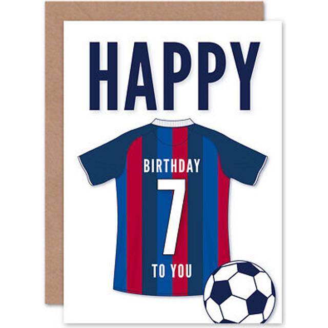 Soccer football 7th birthday card for boys girls blue red striped top on white