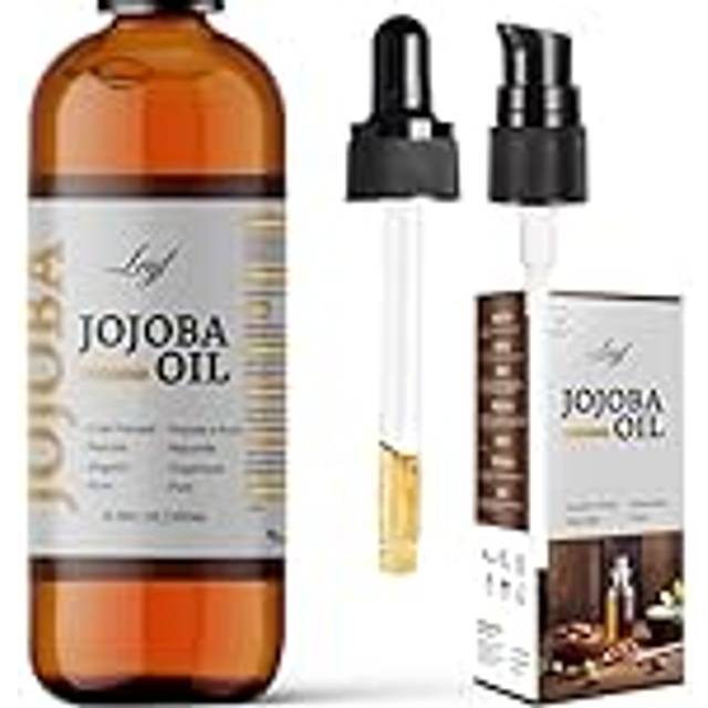 Leyf Bio Jojobaolja 200 ml, 100% ren, vegan, kropp, hår, ansikte, naglar, glasflaska glaspipett pump, fuktkräm, foderdispenser, kroppsolja uppstramande