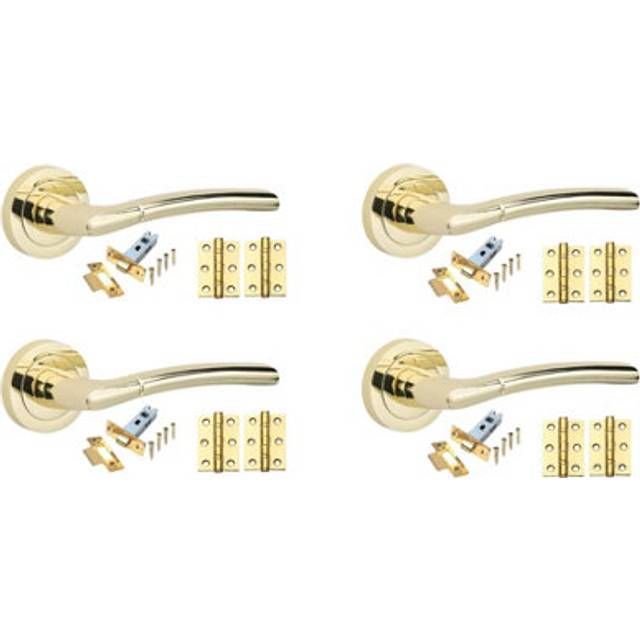 Golden Grace 4 Sets Indiana Design Door Handles in Polished Brass Finish with Tubular Latch and 1 Pair of 3" Ball Bearing Hinges (19.5cm W)