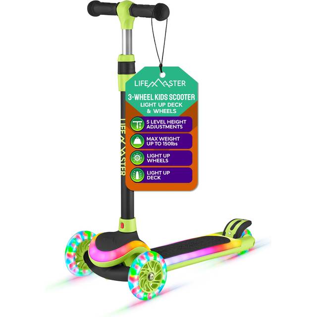 Lifemaster 3-Wheel Kids Scooter with Multi-Color Lights on Deck & Wheels - 5-Height Adjustable Handlebar  Wide Anti-Slip Deck  Child Safety Certified