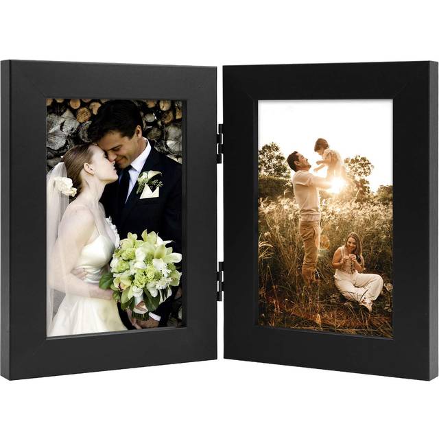 Golden State Art  4x6 Double Picture Frame Vertical Hinged Photo Frame 2 Opening Folding Family Frames Collage  with Real Glass 4x6  Black  1-Pack