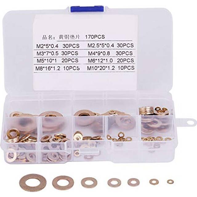 Washers 170 Pcs Brass Flat Washer Assortment Set with Box 8 Size M2/M2.5/M3/M4/M5/M6/M8/M10 (8 Sizes)