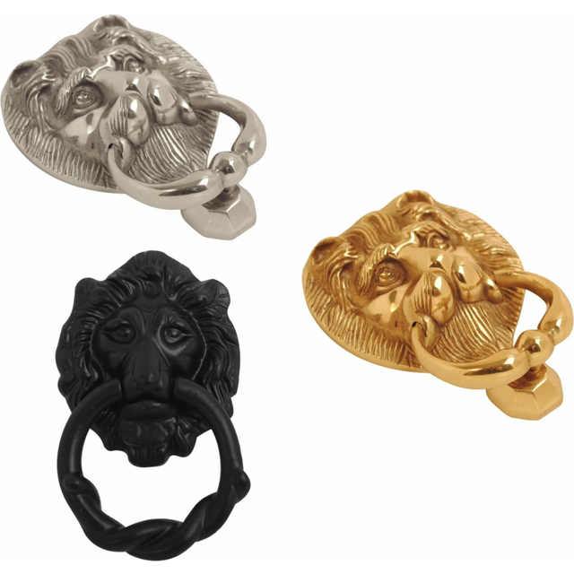 (Polished Brass, 6 Inch) Dzina Lions Head Door Knocker with Ring in Brass,Chrome and Antique Black