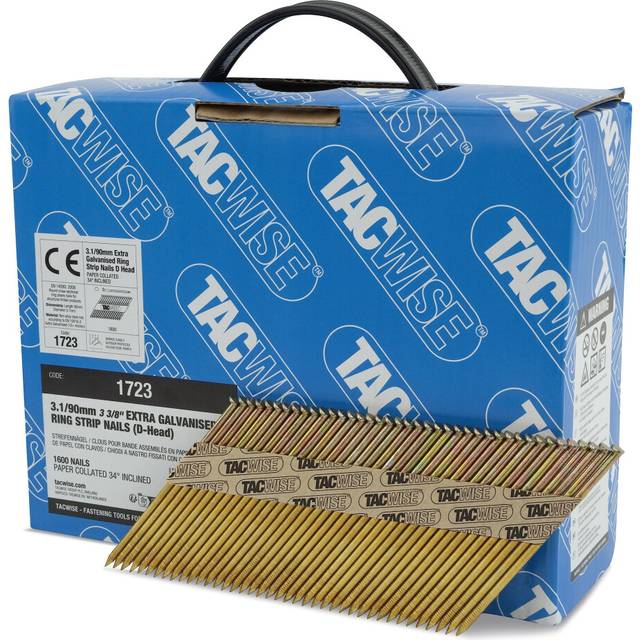 TACWISE 1723 3.1/90 mm Extra Galvanised Framing Nails, D Head, Ring Shank, 34? Inclined, Paper Collated, Pack of 1600, Silver