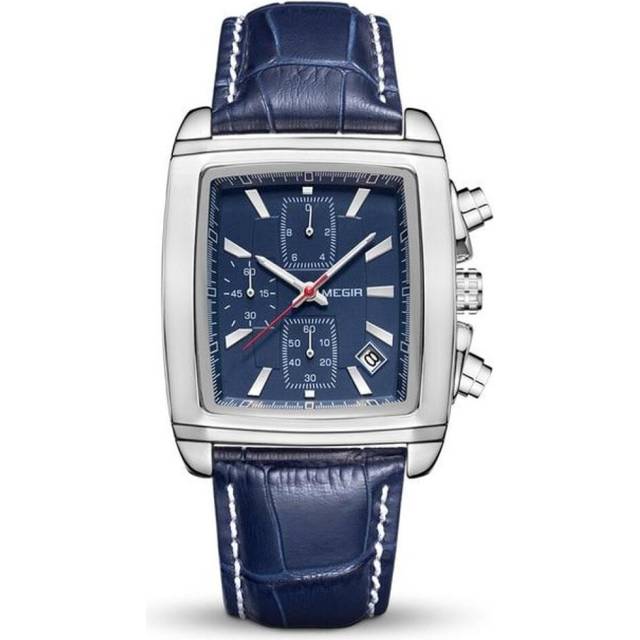 (blue) Megir Original Watch Men Top Brand Luxury Rectangle Quartz Military Watches Waterproof Luminous Leather Wristwatch Men Clock 2028 - Blue
