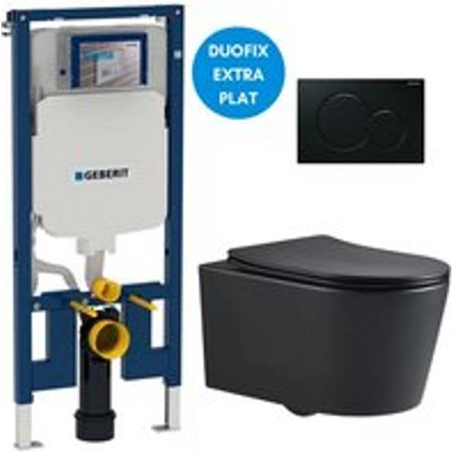 Toilet set UP720 slim frame + sat rimless toilet, matt black + softclose seat + black plate (SLIM-BlackSATrimless-A) - Geberit