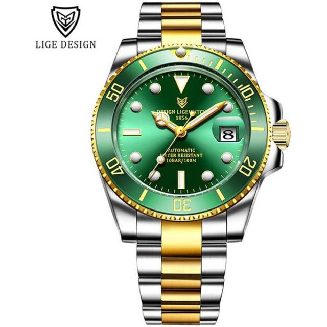 2021 LIGE New Watch Men Automatic Mechanical Tourbillon Clock Fashion Sport Diving Watch 100ATM Waterproof Luminous Watches Mens gold/green