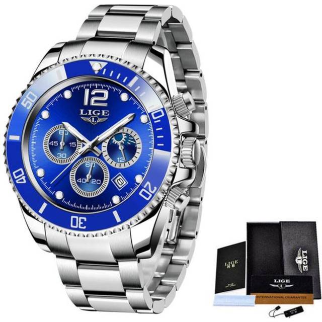 (Silver Blue) LIGE Mens Watches Top Brand Luxury Clock Casual Stainless Steel 24 Hour Moon Phase Men Watch Sport Waterproof Quartz Chronograph