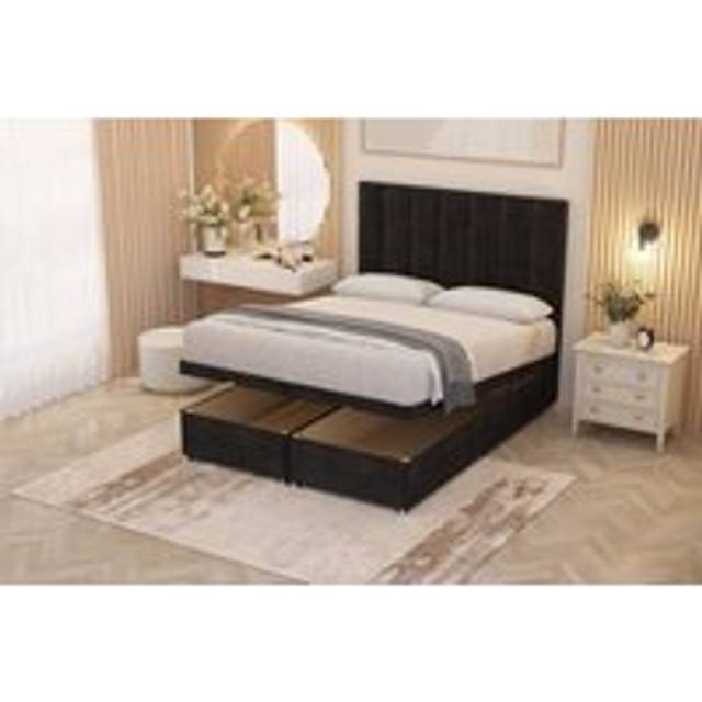 Austin Plush Velvet End Opening Ottoman Bed Set with Midnight Mattress - Black - Small Single